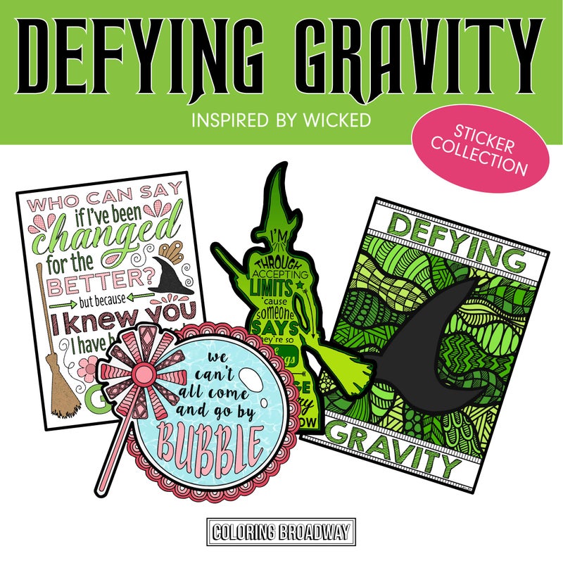 Coloring Broadway Wicked"Defying Gravity" Sticker Collection - Set of 4 Coloring Broadway Stickers Inspired by Wicked, die-Cut, Bubble Free Vinyl. (3" x 3" - Set of 4) - Image 1